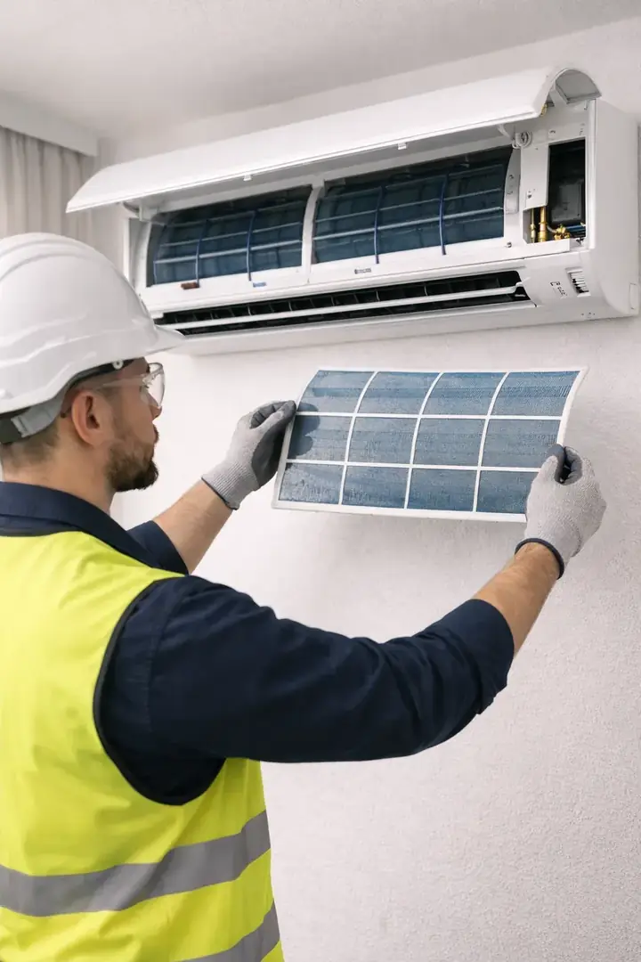 Técnico instalando uma unidade split de ar-condicionado na parede