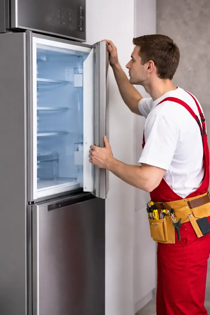 Técnico verificando o interior de uma geladeira
