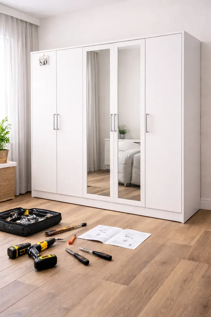 Guarda-roupa montado com ferramentas de montagem no piso